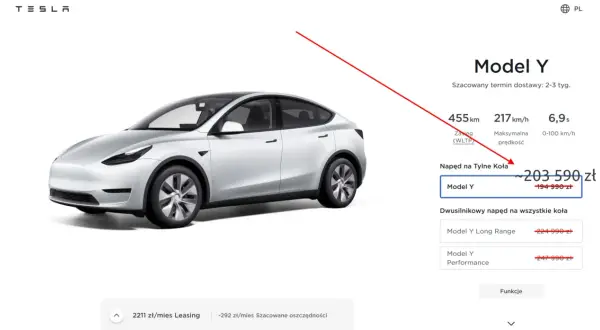 Biały Tesla Model Y z ceną 203 590 zł.