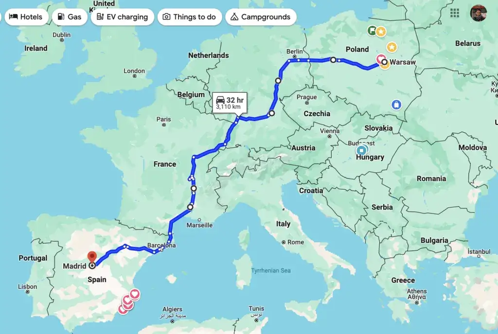 Mapa tras z Polski do Hiszpanii z zaznaczonymi głównymi autostradami