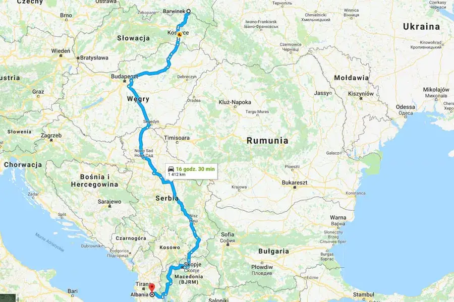 Mapa trasy Polska Serbia Albania