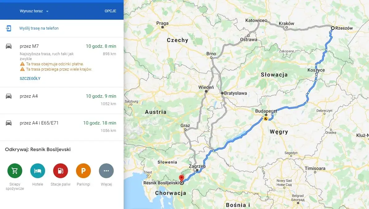 Mapa tras samochodowych Polska Chorwacja
