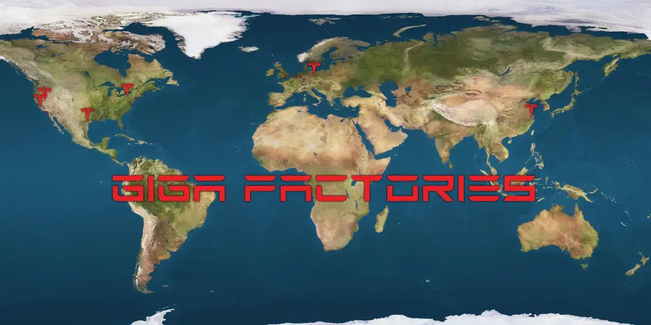 Mapa lokalizacji fabryk Tesla Gigafactory na świecie