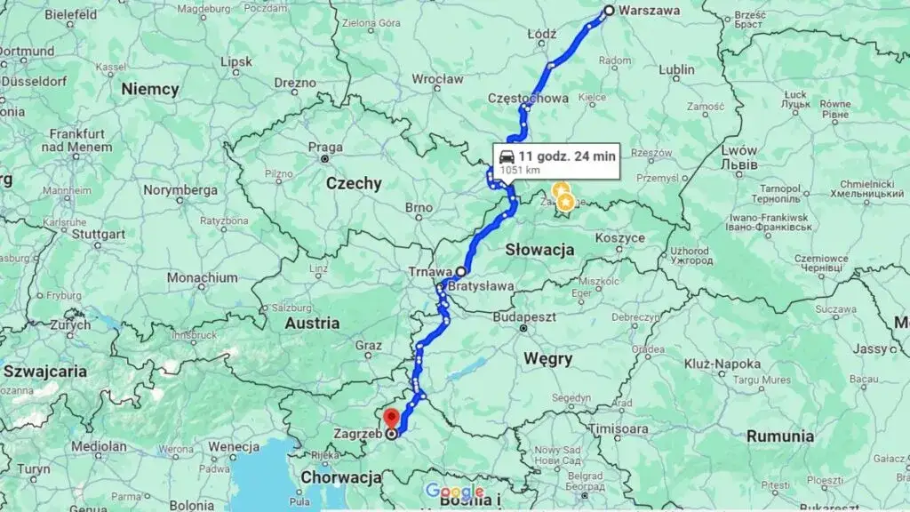 Mapa trasy Polska Chorwacja przez Słowację Węgry