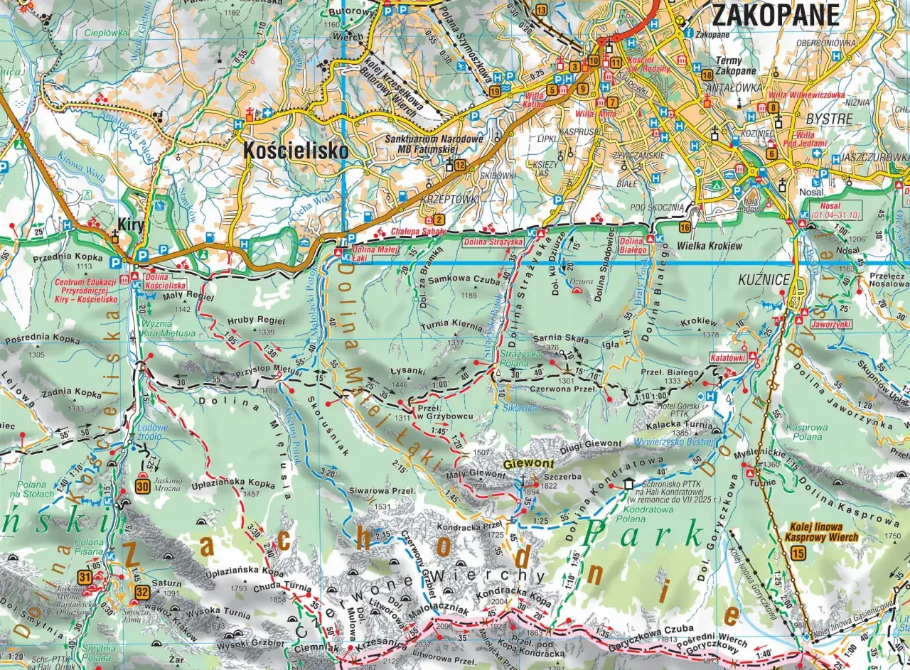 Mapa tras do Zakopanego z zaznaczonymi alternatywami