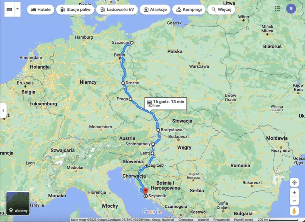 Mapa trasy Polska Chorwacja z zaznaczonymi wariantami