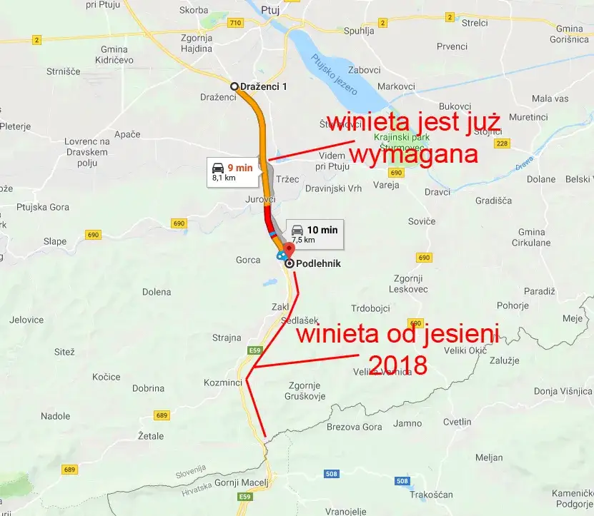 Mapa objazdu Słowenii autostradą A9 Mureck Ptuj