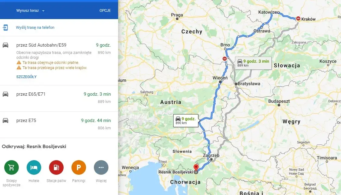 Mapa trasy samochodowej Polska Split przez Czechy Austrię Słowenię